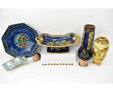 Various items of antique and vintage decorative pottery including a Doulton Lambeth chimney-shaped vase with leaf and square 