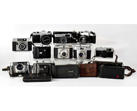 A collection of vintage 35mm and folding cameras to include Ilford, Kodak, Olympus Trip 35, Pentax, Halina, etc (16).