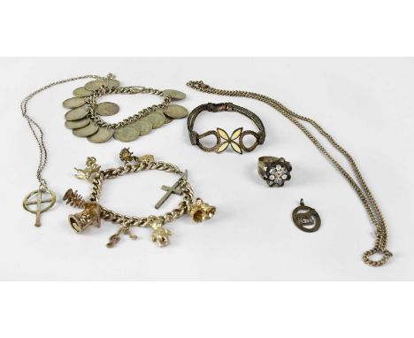 A small quantity of hallmarked and sterling silver jewellery, including a charm bracelet, a further bracelet, necklaces with 