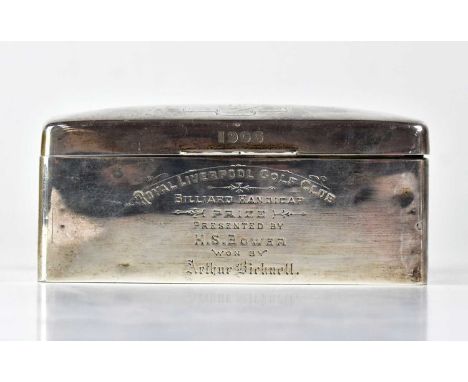 An Edward VII hallmarked silver cigarette case with wooden lining, inscribed to lid 'Royal Liverpool Golf Club' with crest an