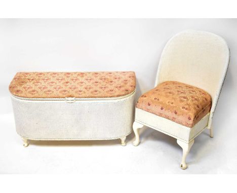 A Lloyd Loom style woven bow-fronted ottoman with padded hinged lid and a similar chair, both raised on cabriole supports (2)