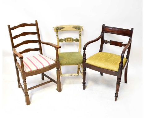 Three chairs comprising a George III mahogany bar-back carver dining chair on reeded tapering legs, a reproduction ladder-bac