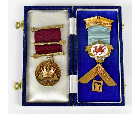GEORGE KENNING &amp; SON; a 9ct yellow gold Masonic jewel inscribed 'Gordovic Lodge', 'No. 4061 Y. Ddraig Goch A Ddyry Gychwy