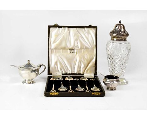 A group of hallmarked silver items, to include a squat covered mustard pot with blue glass liner and plated spoon, a squat sa