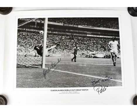 PELE; a black and white poster,'Guadalajara World Cup Group Match 1970', signed by Gordon Banks and Pele, 35 x 50.5cm, with c