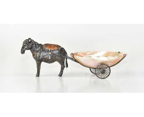 ADIE &amp; LOVEKIN LTD; an Edwardian hallmarked silver novelty pincushion, modelled as a donkey pulling a mother-of-pearl she