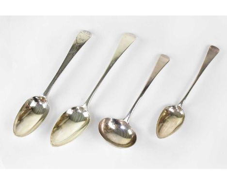 Four George III various hallmarked silver Old English Pattern spoons, two tablespoons, one with bright cut decoration and ini