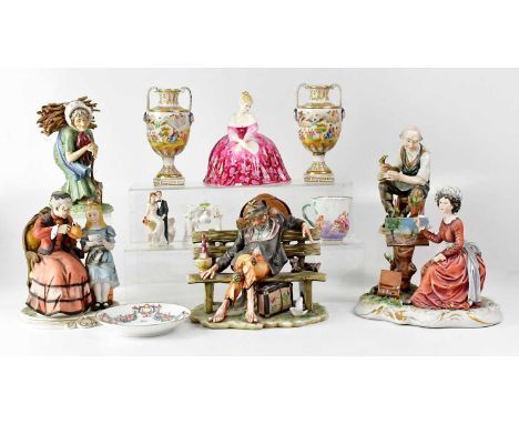 A collection of ceramic and porcelain figures to include Capodimonte-style figure groups, Continental gilt-heightened urn-sha