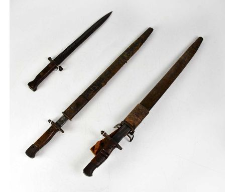 Three bayonets comprising an 1888 pattern Lee Metford bayonet by MOLE (lacking scabbard), a Wilkinson 1907 pattern Lee Enfiel