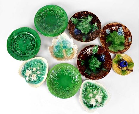 Three J A Bailey Alloa pottery grape and vine pattern Majolica plates, together with six Victorian green Majolica vine patten