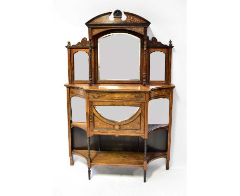 An Edwardian rosewood veneered parlour cabinet with three-mirror top under broken arch pediment, on a shaped base, with centr