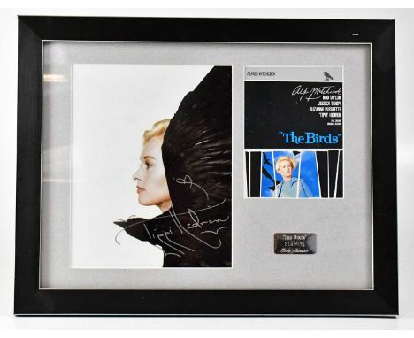 THE BIRDS; a colour image of Tippi Hedren signed by the actress in silver pen, framed together with small colour promotional 