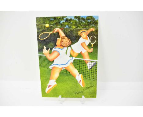 BERYL COOK; a colour picture card depicting the infamous ladies playing tennis, signed in blue pen lower right, 18 x 13cm, wi