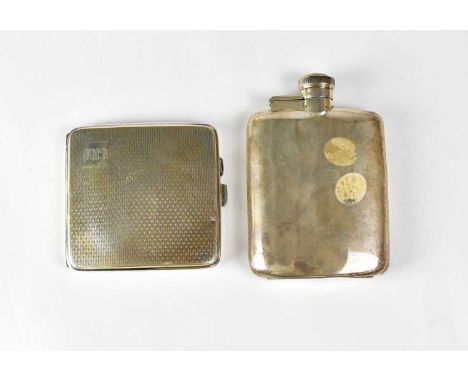 A George VI hallmarked silver hip flask of rectangular cushioned form, James Dixon &amp; Sons Ltd, Sheffield 1946, together w