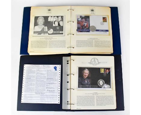 Two partially complete coin cover folders comprising 'The Queen's Golden Jubilee 2002', and 'The Royal Decades Collection', t