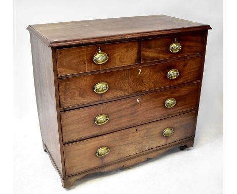 A Georgian mahogany chest of two short over three long drawers, raised on bracket feet to castors, 100 x 111 x 56cm.Condition