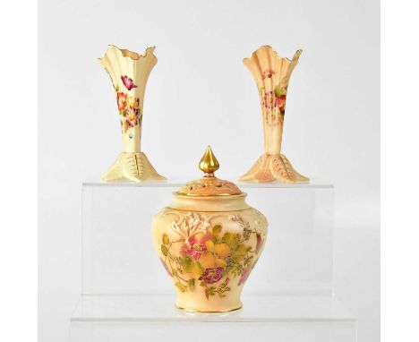 ROYAL WORCESTER; three pieces of blush ivory porcelain, comprising a pair of gilt-heightened miniature vases, numbered G 365 