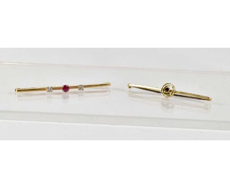 A 9ct yellow gold bar brooch set with a ruby flanked by diamonds, and a 9ct yellow gold bar brooch centred with a red stone, 