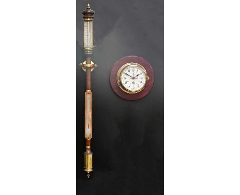 BURKE &amp; JONES; a reproduction mahogany stick barometer with brass mounts, on a gimbal, height 98cm, together with a repro