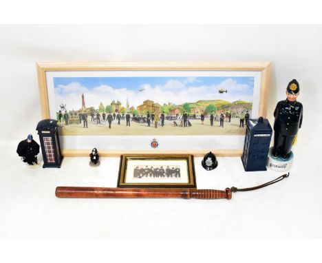 Various Police themed collectibles, to include pottery, musical Policeman, height 33cm, a pottery Police telephone box money 