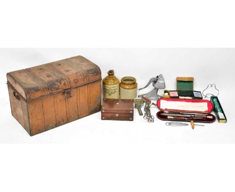 A collectors' lot comprising a metal trunk, various kitchenalia items including a whisk, a cased set of horn-handled carving 