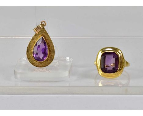 A yellow metal ring set with an emerald cut amethyst, unmarked, size I, approx. 4.3g, together with a 9ct gold teardrop-shape