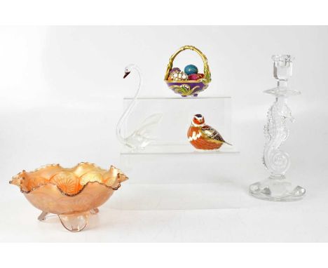 ROYAL CROWN DERBY; a paperweight in the form of a chaffinch, with gold stopper, height 7cm, together with a ceramic basket, '