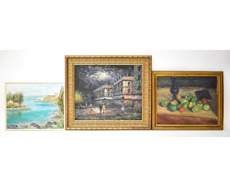 A collection of five decorative paintings and prints to include acrylic on board, Continental street scene, 49 x 59, framed, 