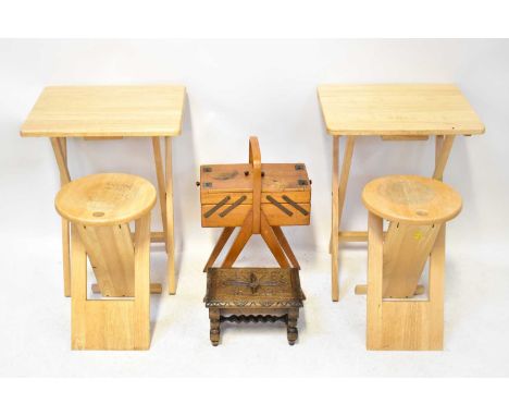 Two folding tables, two folding carry stools, a concertina-style sewing box and a small oak footstool (6).