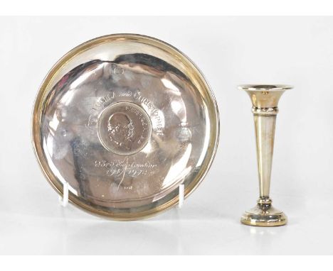 ROBERTS &amp; DORE; an Elizabeth II hallmarked silver dish set with a Churchill crown to the centre, with inscription 'From A