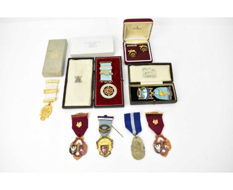 Various Masonic gilt and silver gilt jewels, including a silver gilt Founder's pin for the Scorton Lodge no. 5791 and a pair 