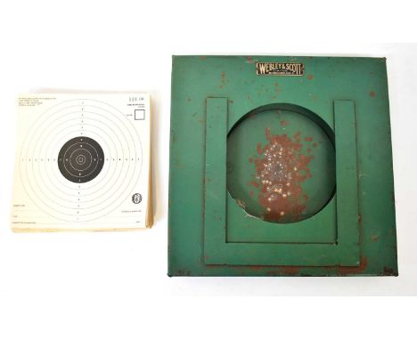 WEBLEY &amp; SCOTT LTD; a vintage wall-mounted green painted metal target box and a quantity of paper targets for the Nationa