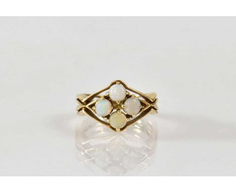 A 9ct yellow gold ring set with four round opal cabochons, size M, approx. 4g.Condition Report: - Stamped '375' to shank inte