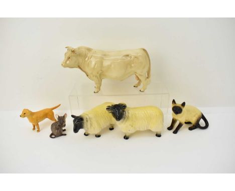 BESWICK; a Charolais bull (af), a Siamese cat, a Labrador, a mouse, together with two Melba ware figures comprising a ram and