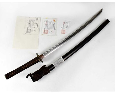 A Muromachi period Genzaemon Suke Sada katana with 61cm double grooved blade, in near mint Japanese polish, signed to the tan
