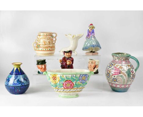 A collection of ceramics to include Crown Ducal Charlotte Rhead vases, three Royal Doulton character jugs, a Royal Doulton fi