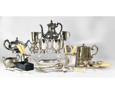 A quantity of silver-plated ware to include mugs, tea set, salver, etc, also a table lighter, a zigzag corkscrew, a cigarette