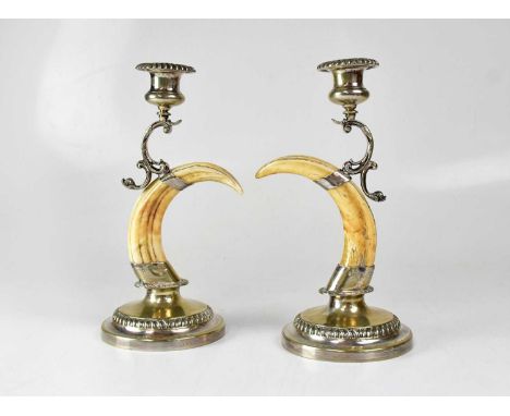 JOSEPH RODGERS &amp; SONS; a pair of Victorian silver-plated boar's tusk candlesticks, height 29.5cm (2).Condition Report: On