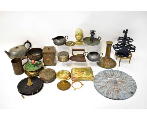 A quantity of metalware to include a tea caddy, pewter, also onyx items, etc.