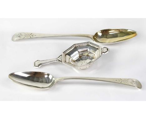 SOLOMON HOUGHMAN; a pair of George III hallmarked silver Old English pattern, tablespoons, with bright-cut engraving and init