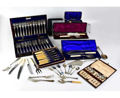 A quantity of silver-plated cutlery and flatware, cased and loose, including fish servers, cased set of twelve fish eaters wi