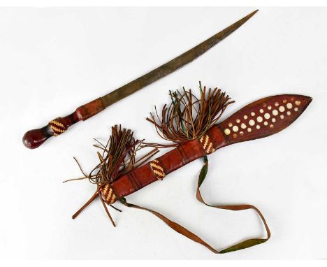 A vintage African bush knife with woven leather grip and sheath, with 12.5" single-edged blade, with matching sheath, overall