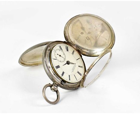 JAMES HOUGHTON, LIVERPOOL; a hallmarked silver full hunter key wind pocket watch, the white enamelled dial set with Roman num