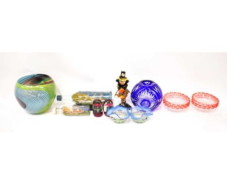 Thirteen items of vintage and modern coloured art glass, to include a Murano clown, height 23cm, with factory sticker, six pr