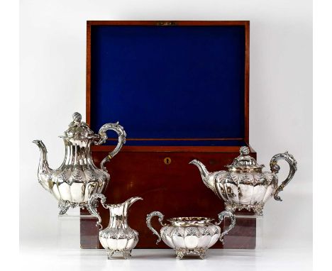 A. B. SAVORY &amp; SONS; a Victorian silver four-piece tea service comprising a teapot, hot water jug, sugar bowl and milk ju
