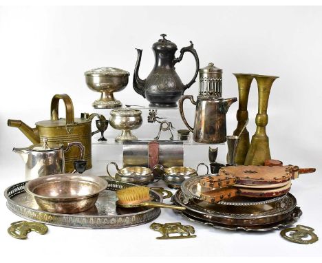 A collection of silver-plated ware and metalware, to include trumpet vases, trays, bowls, rose bowl, cigarette box, etc.