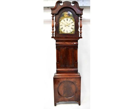 A Georgian mahogany eight-day longcase clock, the broken swan neck pediment above an arched painted 14" dial set with Roman n