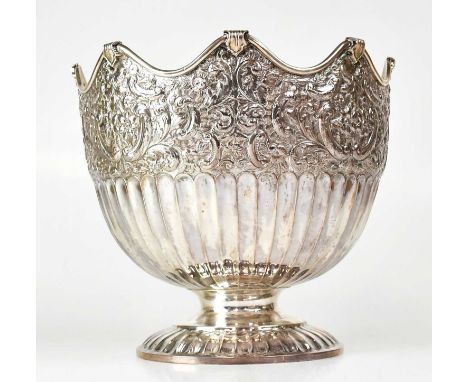 HAMILTON &amp; INCHES; a large Victorian hallmarked silver footed bowl with gilt-washed interior, repoussé decoration to the 