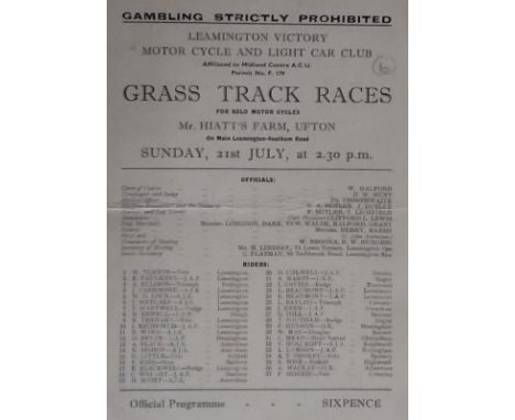 SPEEDWAY - VINTAGE GRASS TRACK @ MR. HIATT'S FARM, UFTON LEAMINGTON&nbsp;
Fold, otherwise good. Results noted.