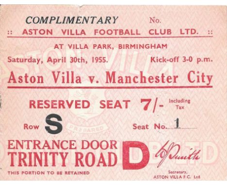 1954-55 ASTON VILLA V MANCHESTER CITY TICKET
Folds
&nbsp;
